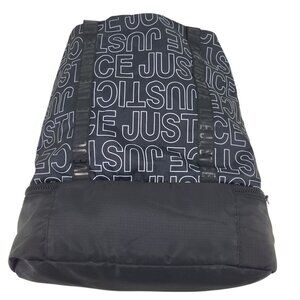 JUSTICE logo black drawstring tote bag ~ overnight, dance, sports, adventure!